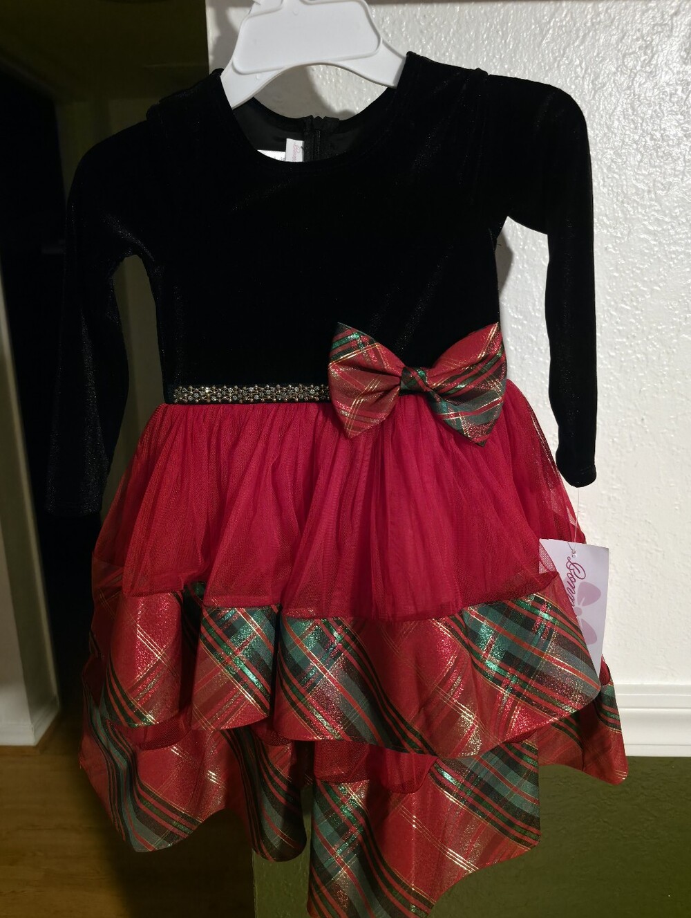 Bonnie Jean Black and Red Tulle Plaid Bow Holiday Dress